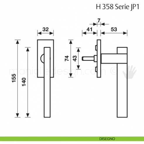 Maniglia per finestra martellina DK H 358 JP1 Fusital con rosetta fine disegno