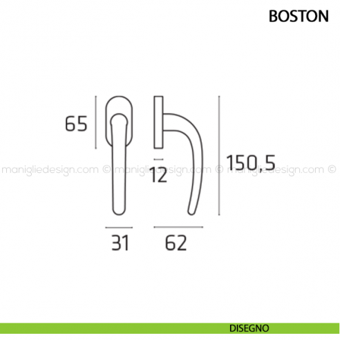 Maniglia per finestra martellina DK Boston Comit con rosetta ovale disegno