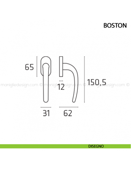 Maniglia per finestra martellina DK Boston Comit con rosetta ovale disegno