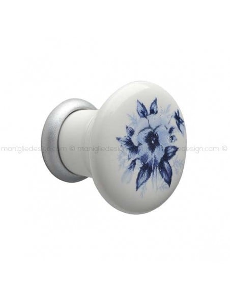 Pomolo in ceramica bianca con fiore blu per mobile Mital 040