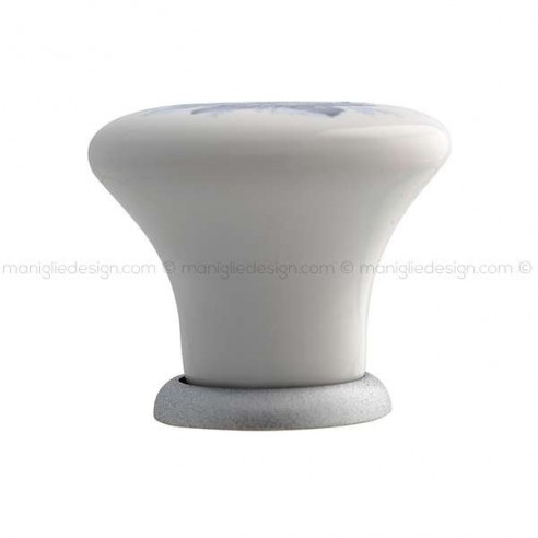 Pomolo in ceramica bianca con fiore blu per mobile Mital 040