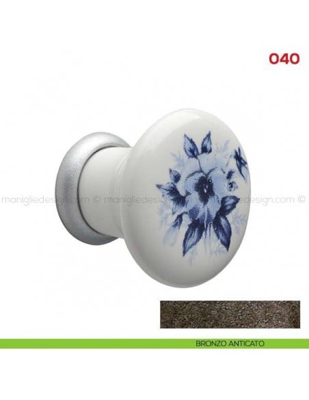 Pomolo in ceramica bianca con fiore blu per mobile Mital 040 bronzo anticato