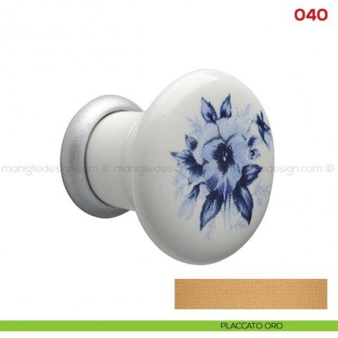 Pomolo in ceramica bianca con fiore blu per mobile Mital 040 placcato oro