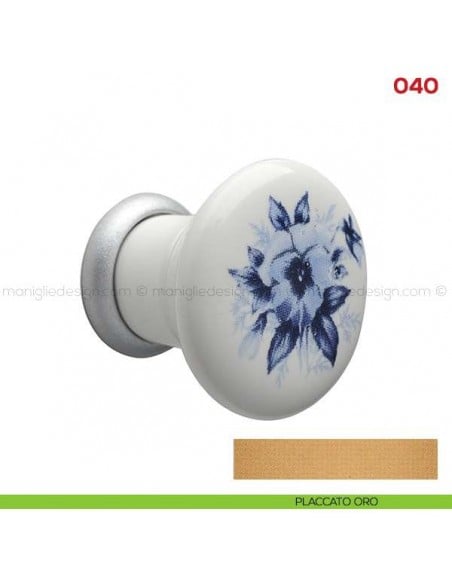 Pomolo in ceramica bianca con fiore blu per mobile Mital 040 placcato oro