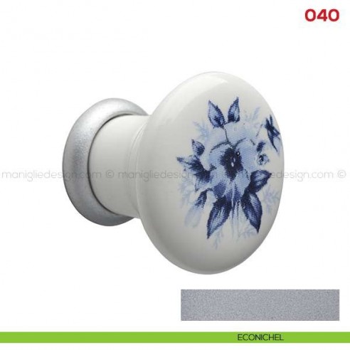 Pomolo in ceramica bianca con fiore blu per mobile Mital 040 econichel