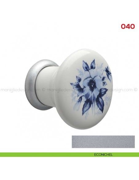 Pomolo in ceramica bianca con fiore blu per mobile Mital 040 econichel