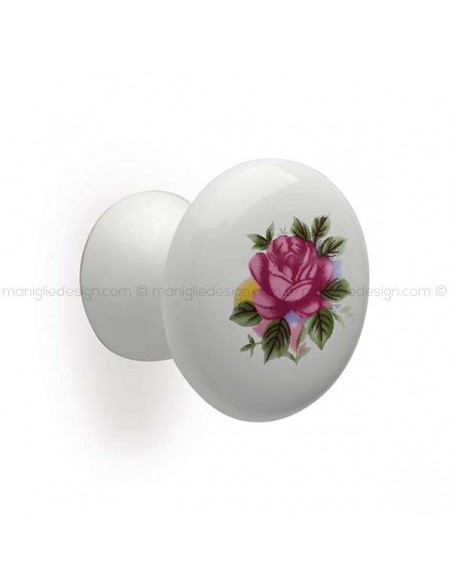 Pomolo in ceramica bianca con fiore colorato per mobile Mital 060