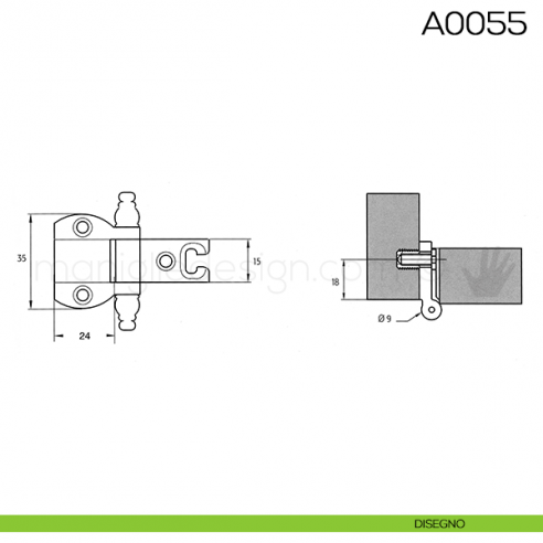 Cerniera Anselmi per porte in luce scodellino diametro 35 mm A0055 disegno