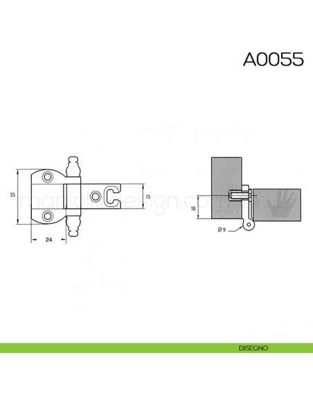 Cerniera Anselmi per porte in luce scodellino diametro 35 mm A0055 disegno