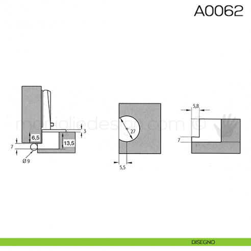 Cerniera Anselmi per porte in battuta scodellino diametro 27 mm A0062 disegno