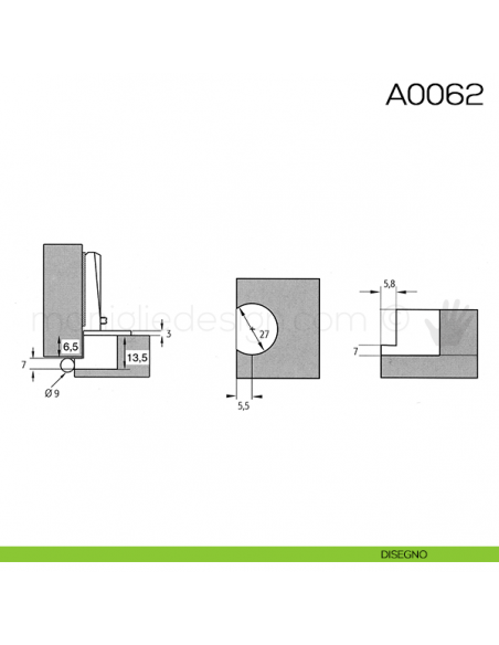 Cerniera Anselmi per porte in battuta scodellino diametro 27 mm A0062 disegno