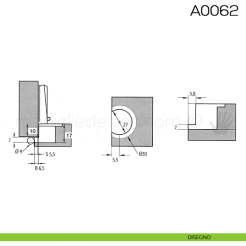 Cerniera Anselmi per porte in battuta scodellino diametro 27 mm A0062 disegno