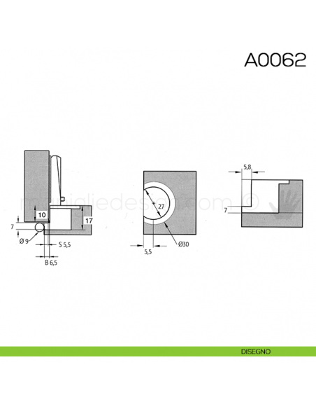 Cerniera Anselmi per porte in battuta scodellino diametro 27 mm A0062 disegno
