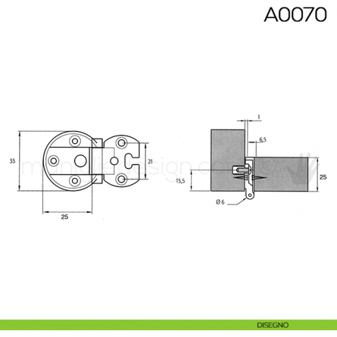 Cerniera Anselmi per porte in luce scodellino diametro 35 mm A0070 disegno