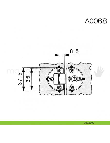 Cerniera Anselmi per ribalta scodellino diametro 35 mm A0068 disegno