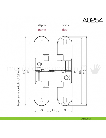Cerniera invisibile regolabile Anselmi 505 per porta disegno