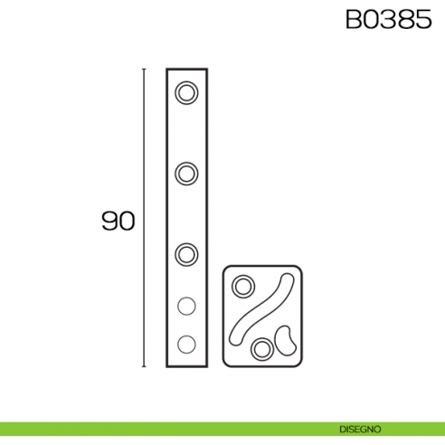 Cerniera a perno eccentrico con piastra quadra cava a S 90 mm B0385 disegno