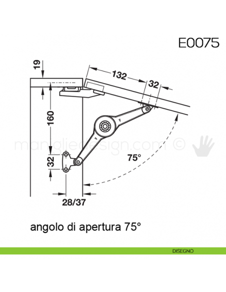 Snodo Huwil per sportelli a ribalta E0075 disegno