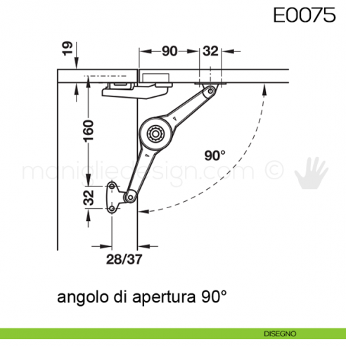 Snodo Huwil per sportelli a ribalta E0075 disegno