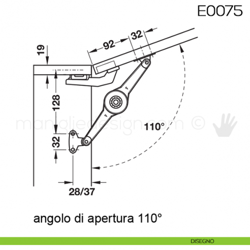 Snodo Huwil per sportelli a ribalta E0075 disegno