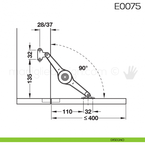 Snodo Huwil per sportelli a ribalta E0075 disegno