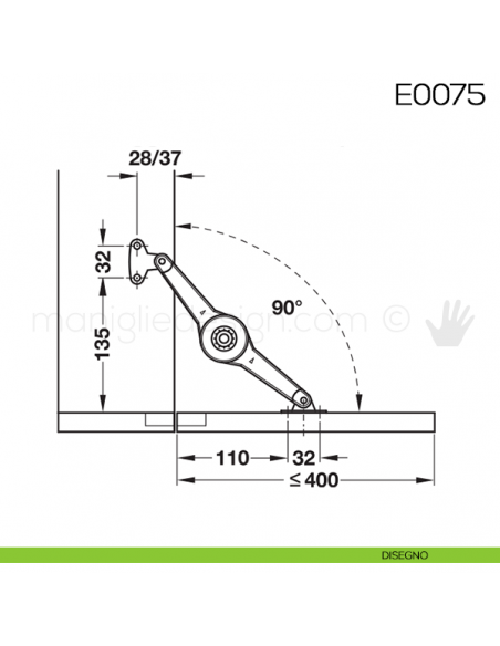 Snodo Huwil per sportelli a ribalta E0075 disegno