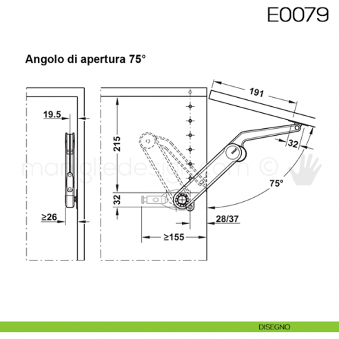 Snodo Huwil per sportelli a ribalta pesanti E0079 disegno