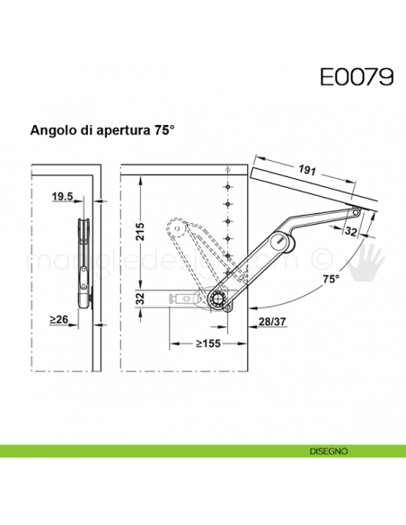 Snodo Huwil per sportelli a ribalta pesanti E0079 disegno