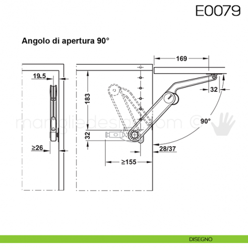 Snodo Huwil per sportelli a ribalta pesanti E0079 disegno