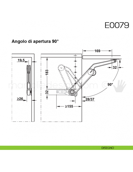 Snodo Huwil per sportelli a ribalta pesanti E0079 disegno