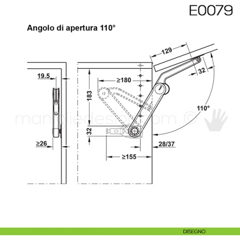 Snodo Huwil per sportelli a ribalta pesanti E0079 disegno