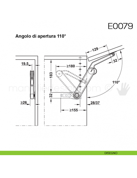 Snodo Huwil per sportelli a ribalta pesanti E0079 disegno