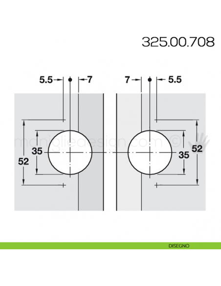 Cerniera ad angolo GS 45 Hafele apertura 135° disegno