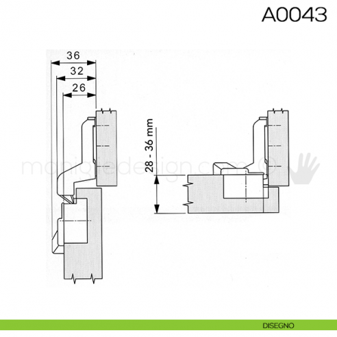 Cerniera Mepla per ante con battuta apertura 90° foro 35 mm disegno