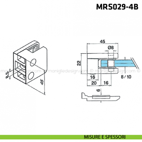 Morsetto per vetro in acciaio inox spessore 8-10 mm MRS029 Comit Glass disegno