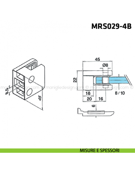 Morsetto per vetro in acciaio inox spessore 8-10 mm MRS029 Comit Glass disegno