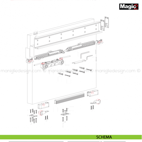 Sistema invisibile per porte scorrevoli in legno Magic 1100 schema