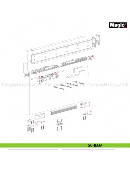 Sistema invisibile per porte scorrevoli in legno Magic 1100 schema