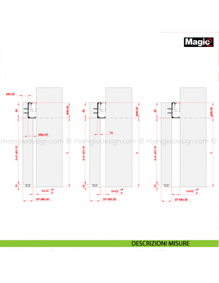 Sistema invisibile per porte scorrevoli in legno Magic 1800 descrizione misure