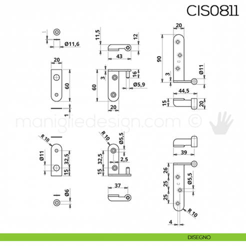 Kit cerniera reversibile per porta Otlav CIS0811 SimilOro disegno