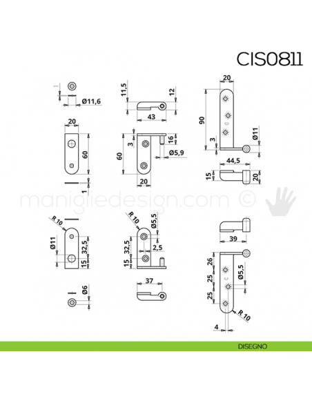 Kit cerniera reversibile per porta Otlav CIS0811 SimilOro disegno