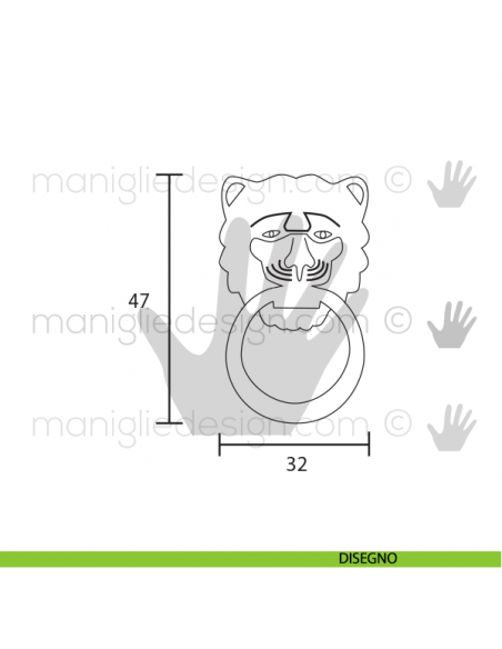 Maniglia leone con anello pendente OMP Porro Bronzo Antico misura 32 disegno