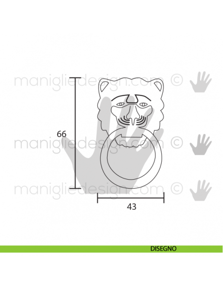 Maniglia leone con anello pendente OMP Porro Bronzo Antico misura 43 disegno