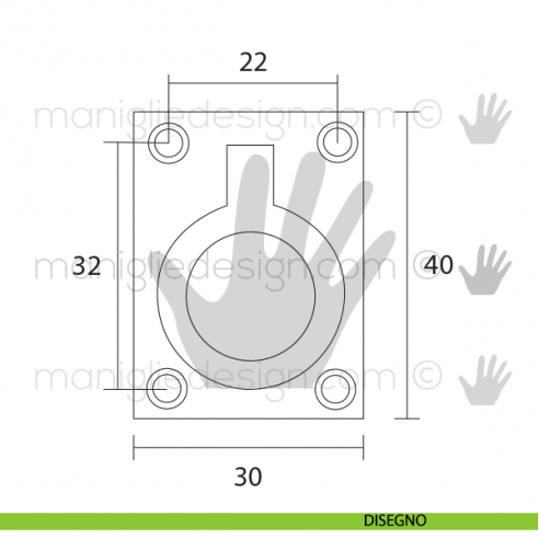 Maniglia incasso con anello OMP Porro bronzo antico misura 40 articolo 587 disegno
