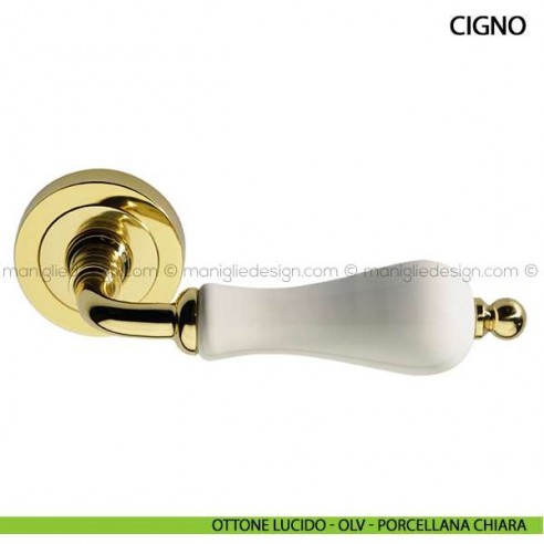 Maniglia in porcellana per porta Cigno Arieni ottone lucido - OLV - porcellana chiara