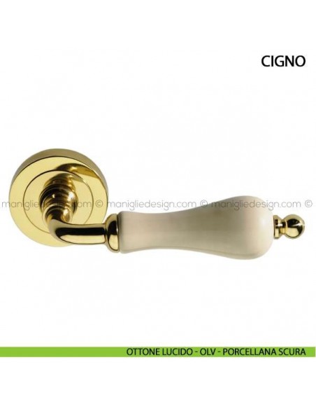 Maniglia in porcellana per porta Cigno Arieni ottone lucido - OLV - porcellana scura