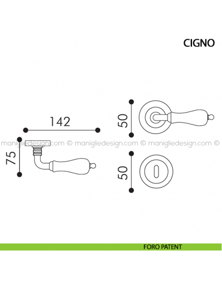 Maniglia in porcellana per porta Cigno Arieni foro patent