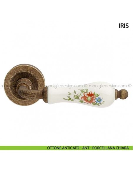 Maniglia in porcellana fiorata per porta Iris Arieni ottone anticato - ANT - porcellana chiara