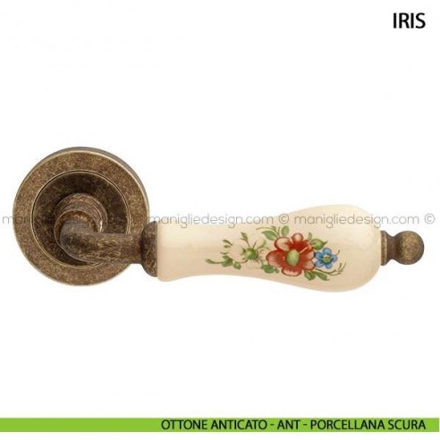 Maniglia in porcellana fiorata per porta Iris Arieni ottone anticato - ANT - porcellana scura