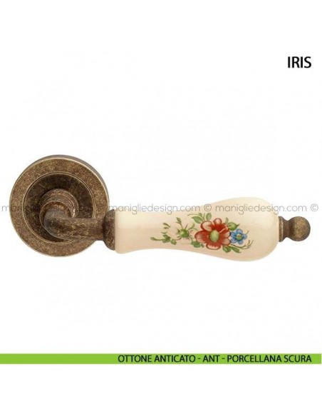 Maniglia in porcellana fiorata per porta Iris Arieni ottone anticato - ANT - porcellana scura